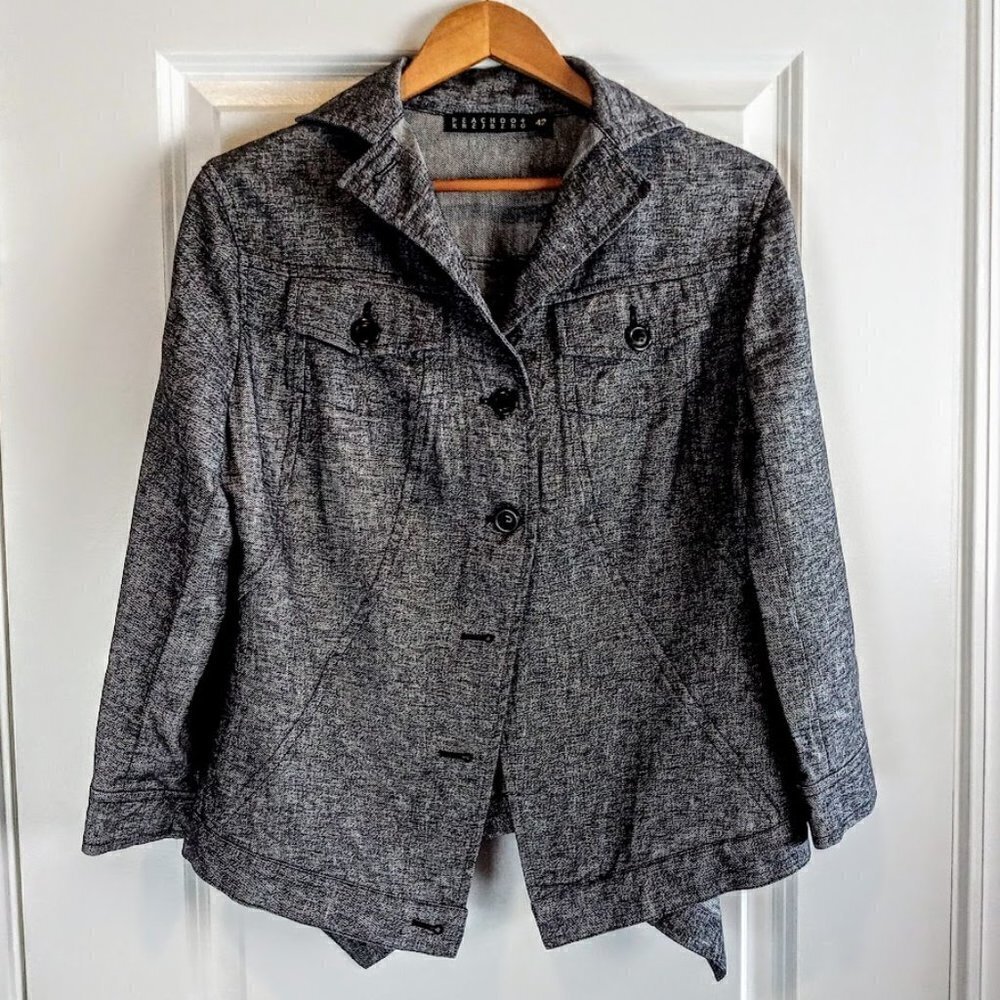 Peachoo + Krejberg Grey Linen Asymmetrical Fan Back Jacket